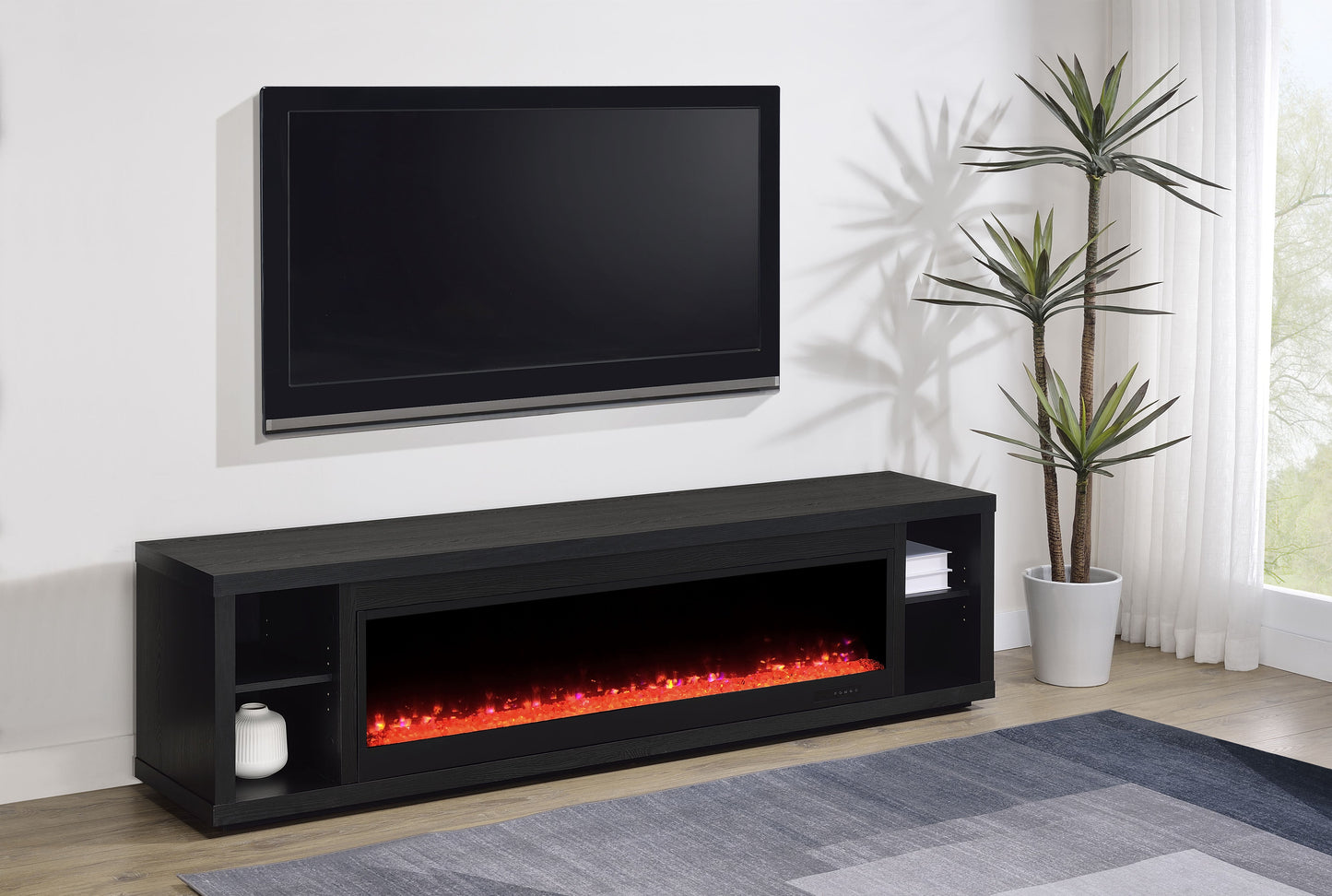Meuble TV Deiter 79 pouces avec cheminée et console multimédia, noir