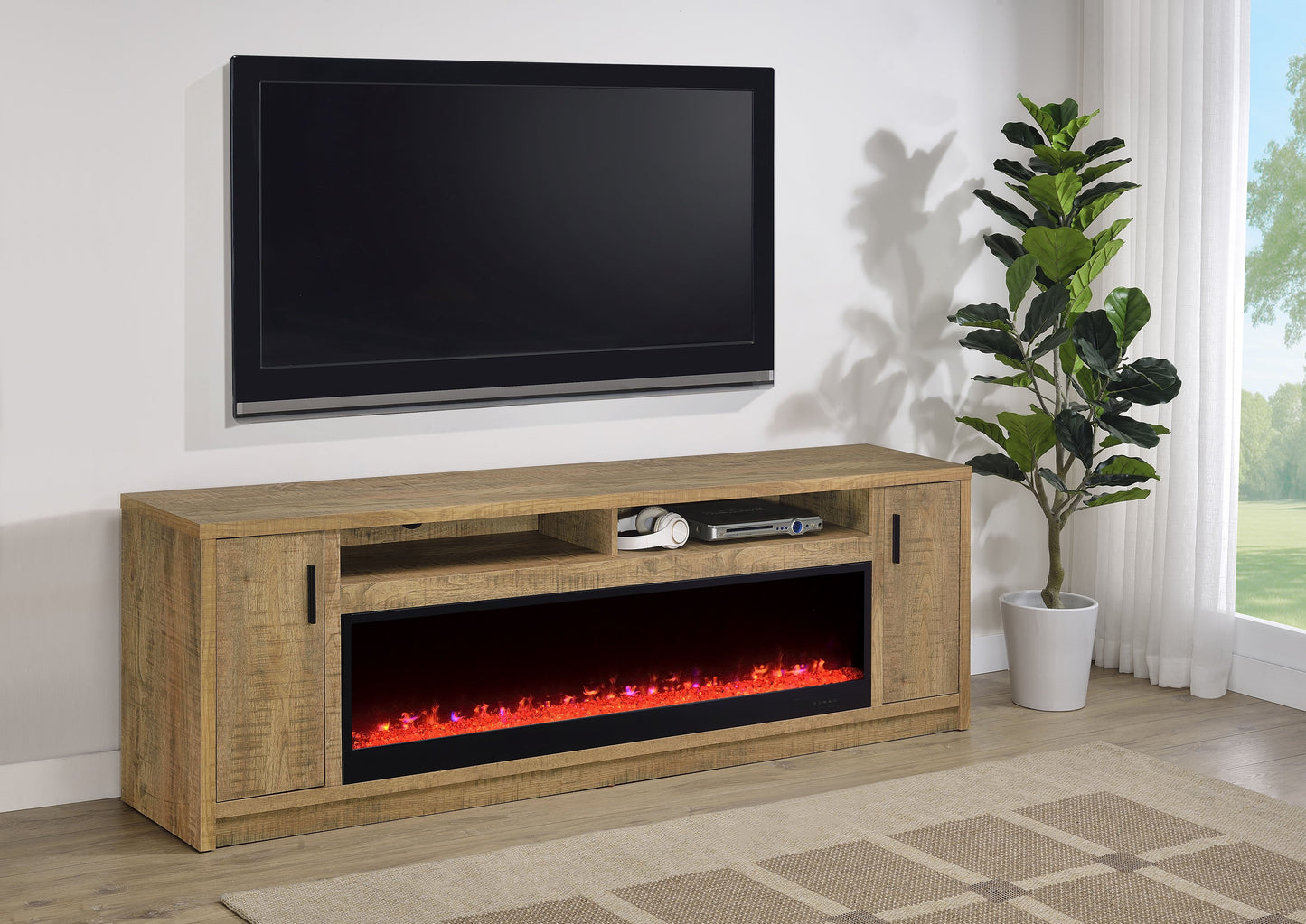 Meuble TV Eddy 79 pouces 2 portes avec cheminée et console multimédia Mango