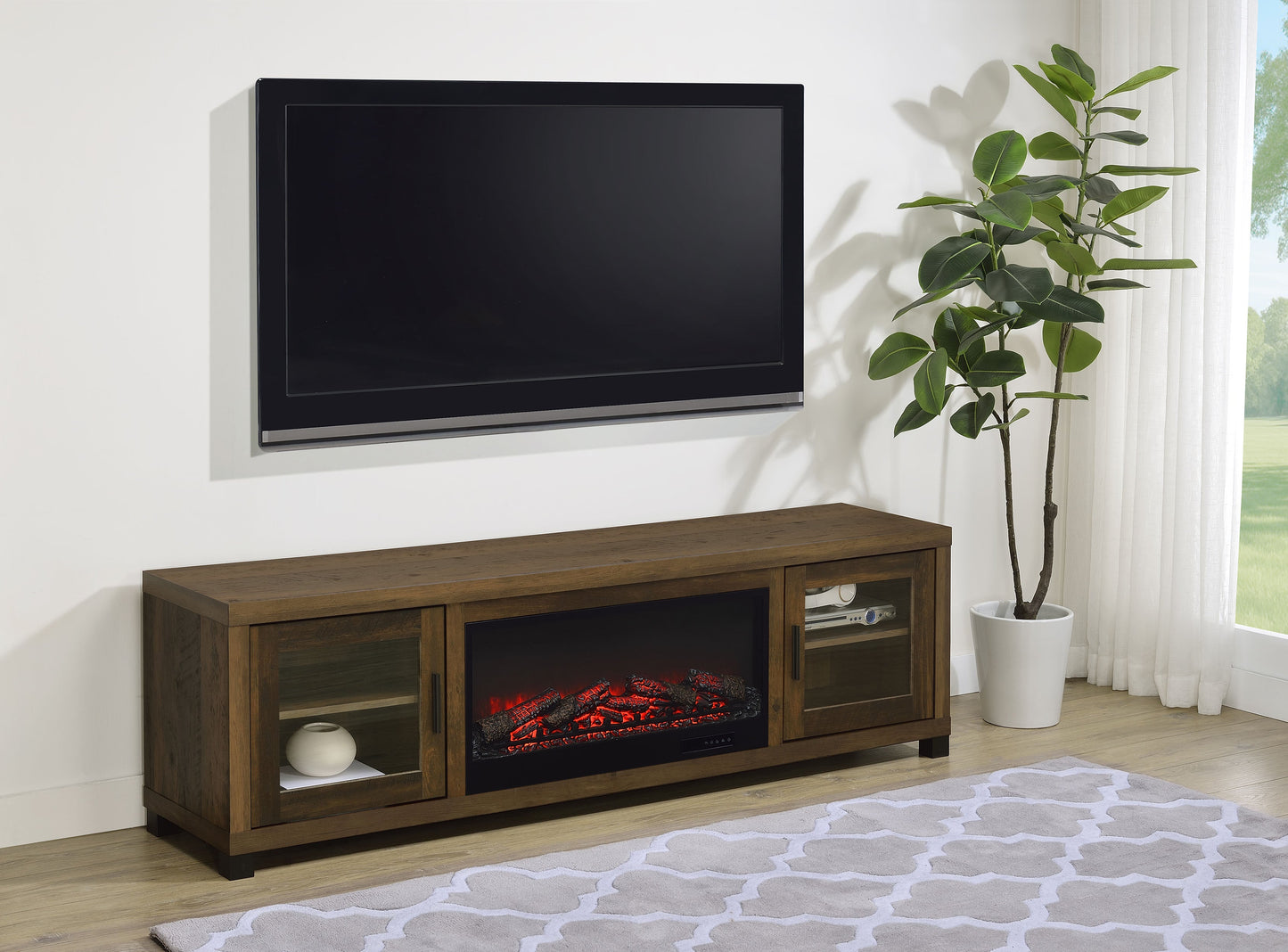 Meuble TV Havering 71 pouces avec cheminée et console multimédia en pin foncé
