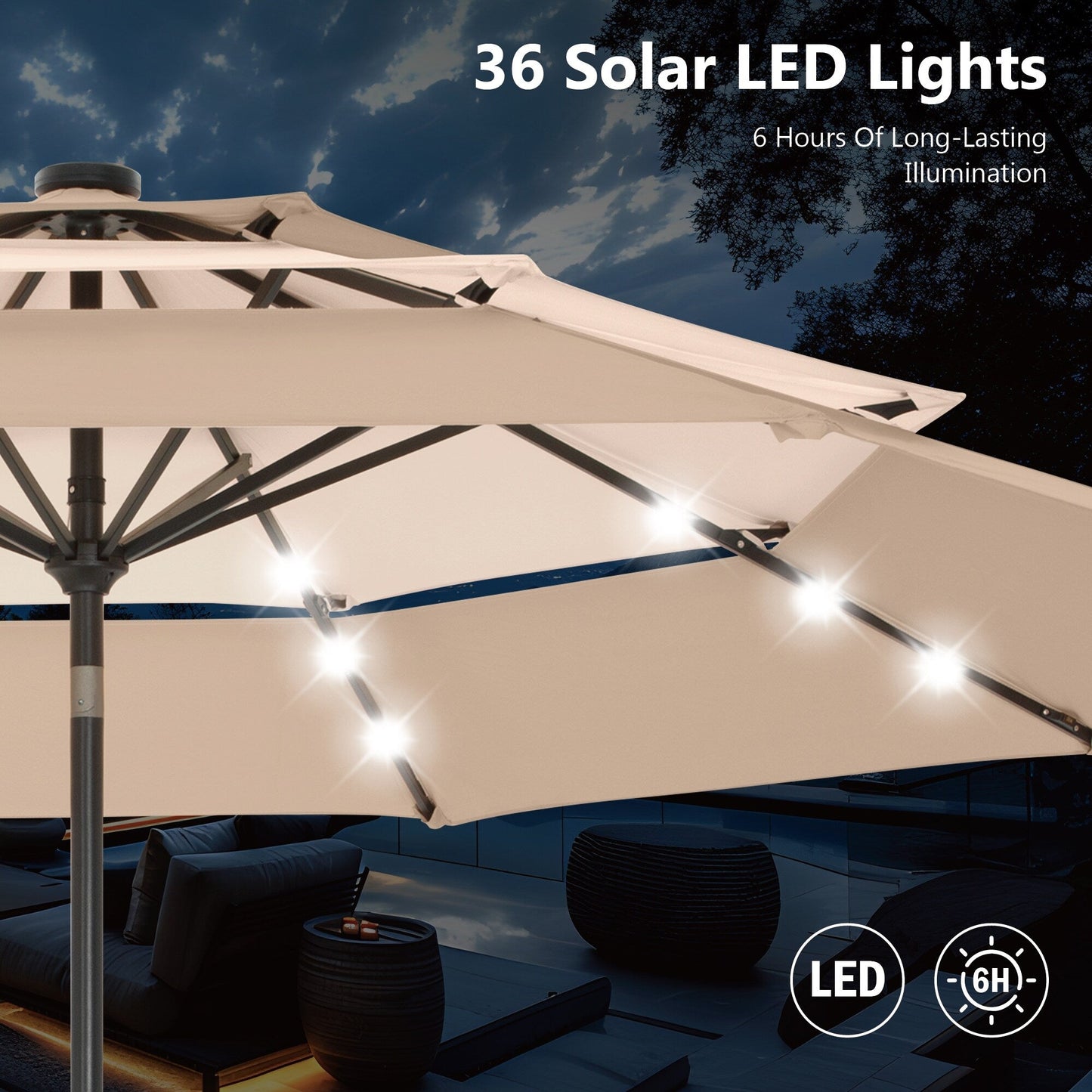Parasol de terrasse inclinable à 3 niveaux de 10 pieds de MAISON ARTS, parasol d'extérieur à double ventilation avec lumières LED