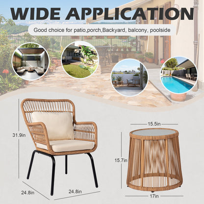 Ensemble de bistrot d'extérieur 3 pièces en osier, mobilier de jardin en rotin toutes saisons, chaises de patio avec coussins