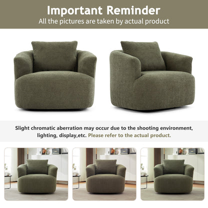 Fauteuil pivotant à 360°, fauteuil d'appoint Boucle 38,2" avec coussin décoratif, fauteuil rembourré en forme de tonneau avec accoudoirs incurvés