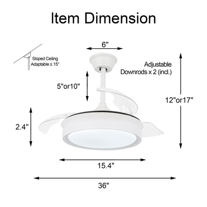 Ventilateur de plafond rétractable moderne Bella Depot 36 avec éclairage LED, pales réversibles à 6 vitesses et télécommande