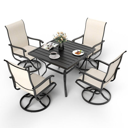 Ensemble de salle à manger d'extérieur en métal 5 pièces avec table carrée et chaises pivotantes en textilène