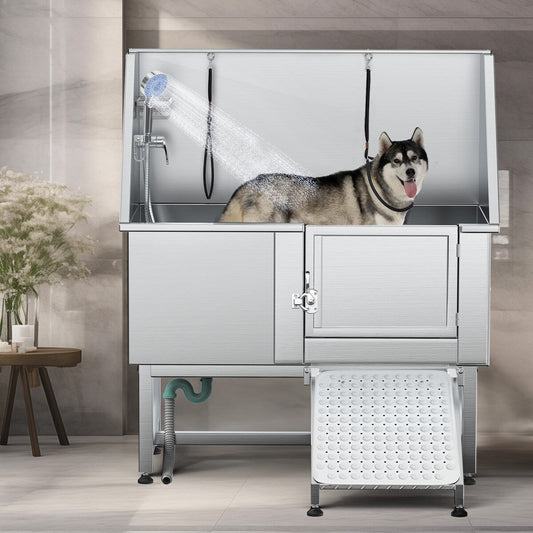 Baignoire de toilettage réglable en acier inoxydable de 50 po de largeur avec rampe - Argent