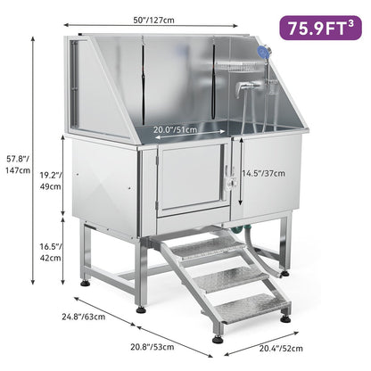 Baignoire de toilettage réglable en acier inoxydable de 50 po de largeur avec rampe et marches