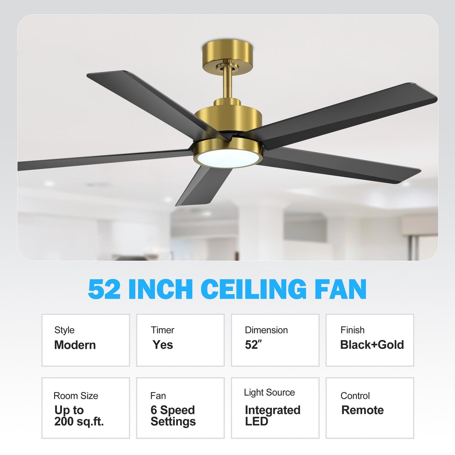 Ventilateur de plafond LED Breezary 65/52/42 à 5 pales avec kit d'éclairage et télécommande