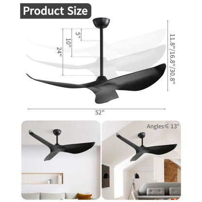 Ventilateur de plafond moderne en bois massif/ABS de 52 pouces avec télécommande (sans lumière), 6 vitesses de vent, flux d'air réversible