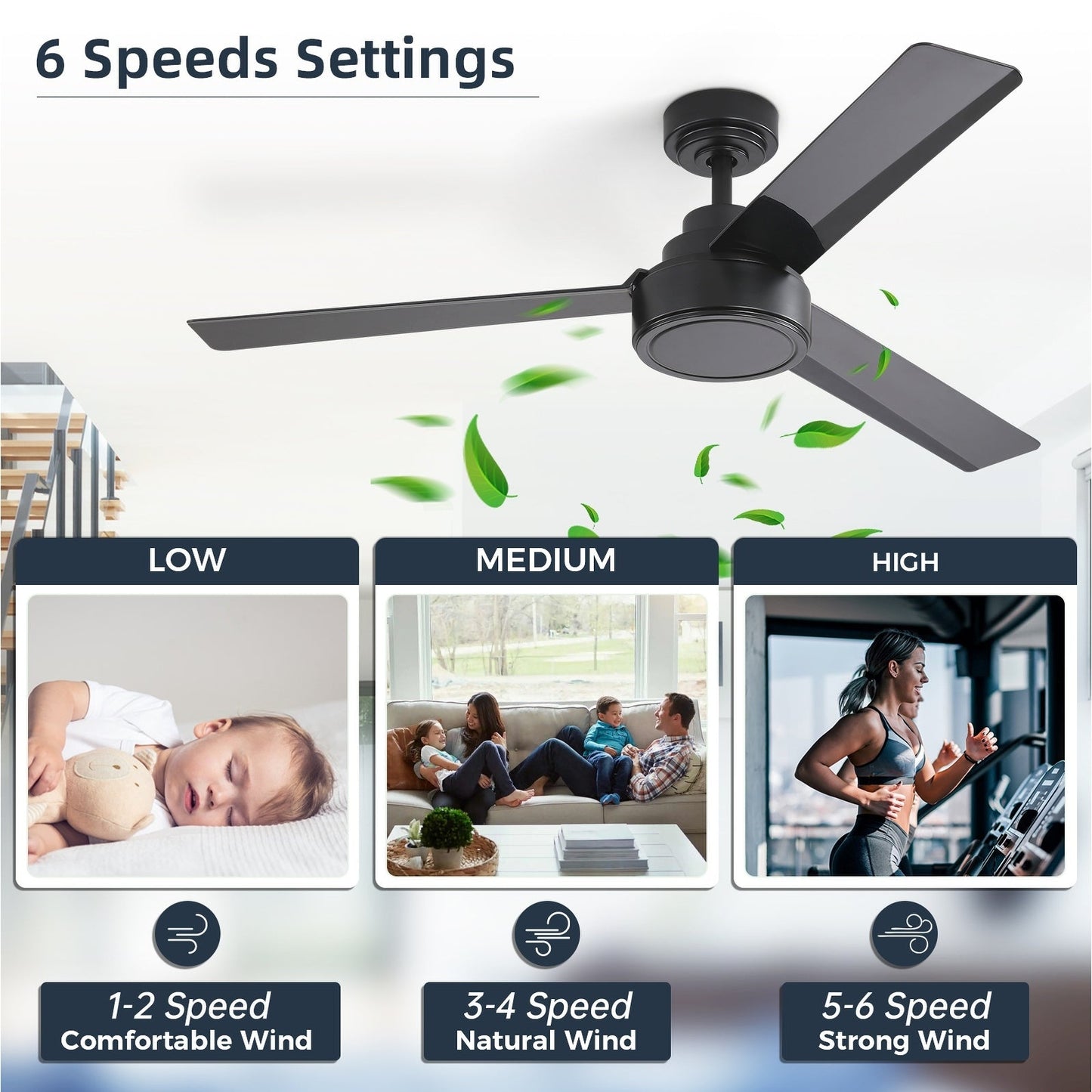 Ventilateur de plafond moderne en bois massif/ABS de 52 pouces avec télécommande (sans lumière), 6 vitesses de vent, flux d'air réversible
