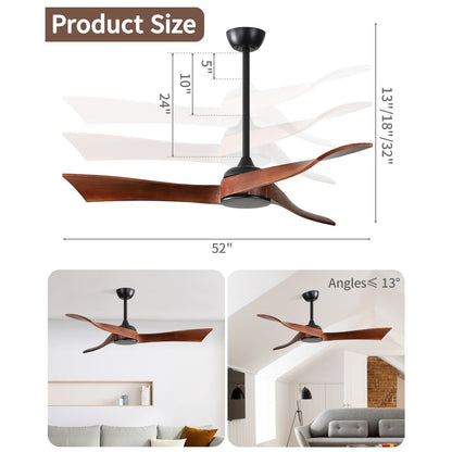 Ventilateur de plafond moderne en bois massif/ABS de 52 pouces avec télécommande (sans lumière), 6 vitesses de vent, flux d'air réversible