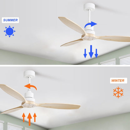 Ventilateur de plafond moderne en bois massif/ABS de 52 pouces avec télécommande (sans lumière), 6 vitesses de vent, flux d'air réversible