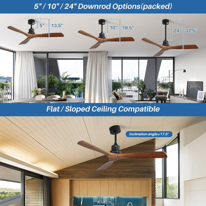 Ventilateur de plafond moderne en bois massif/ABS de 52 pouces avec télécommande (sans lumière), 6 vitesses de vent, flux d'air réversible