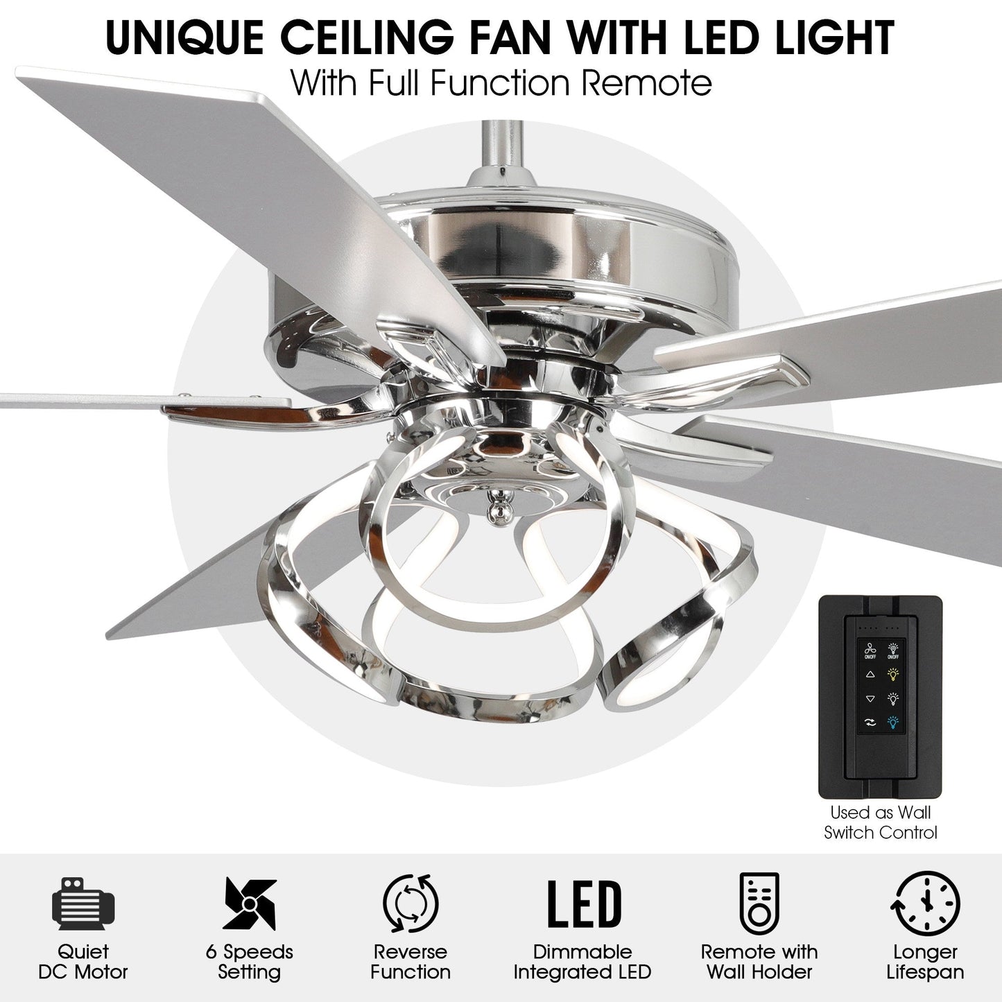 Ventilateur de plafond LED d'intérieur moderne chromé/noir à intensité variable avec lumière et télécommande
