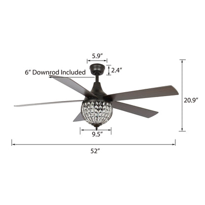 Ventilateur de plafond industriel en bois noir à 5 pales et cristal avec télécommande