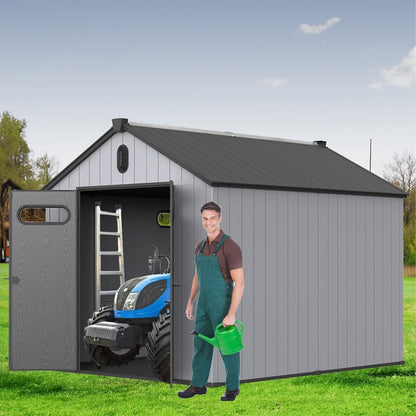 Abri de rangement extérieur en plastique et résine toutes saisons de 6 pi x 4 pi/6 pi x 8 pi/8 pi x 6 pi/8 pi x 10 pi avec plancher, abri à outils Spire