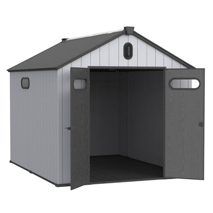 Abri de rangement extérieur en plastique et résine toutes saisons de 6 pi x 4 pi/6 pi x 8 pi/8 pi x 6 pi/8 pi x 10 pi avec plancher, abri à outils Spire