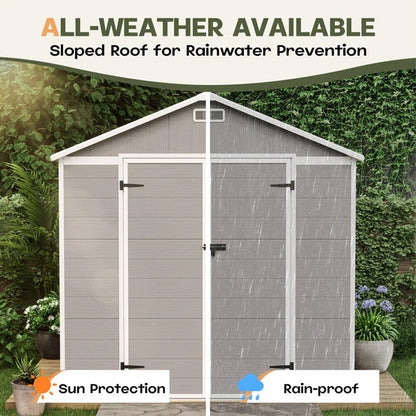 Abri de rangement extérieur en plastique et résine toutes saisons de 6 pi x 4 pi/6 pi x 8 pi/8 pi x 6 pi/8 pi x 10 pi avec plancher, abri à outils Spire