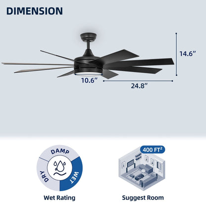 Ventilateur de plafond Moasis noir mat de 60 po à 8 pales avec éclairage LED et télécommande - 60