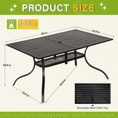 Table à manger rectangulaire en métal pour patio extérieur 60 x 37 avec trou pour parasol pour 6 personnes