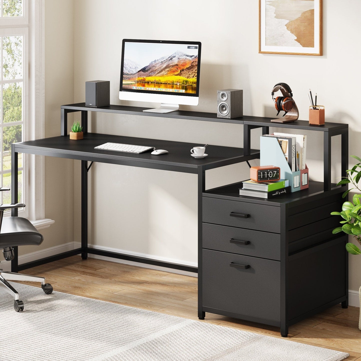 Bureau d'ordinateur 63 avec support d'écran, bureaux ergonomiques pour la maison avec tiroirs et classeur