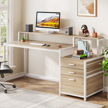 Bureau d'ordinateur 63 avec support d'écran, bureaux ergonomiques pour la maison avec tiroirs et classeur