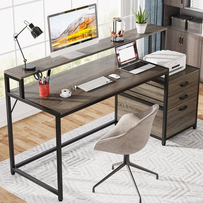Bureau d'ordinateur 63 avec support d'écran, bureaux ergonomiques pour la maison avec tiroirs et classeur