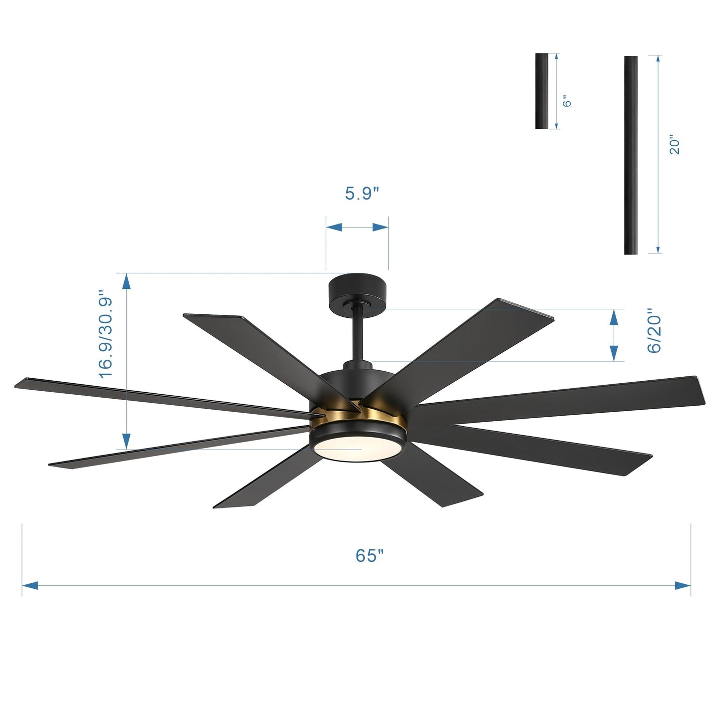 Ventilateur de plafond LED noir à 8 pales de 65 pouces avec éclairage et télécommande