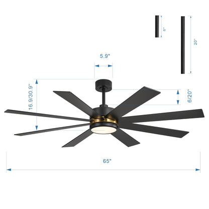 Ventilateur de plafond LED noir à 8 pales de 65 pouces avec éclairage et télécommande