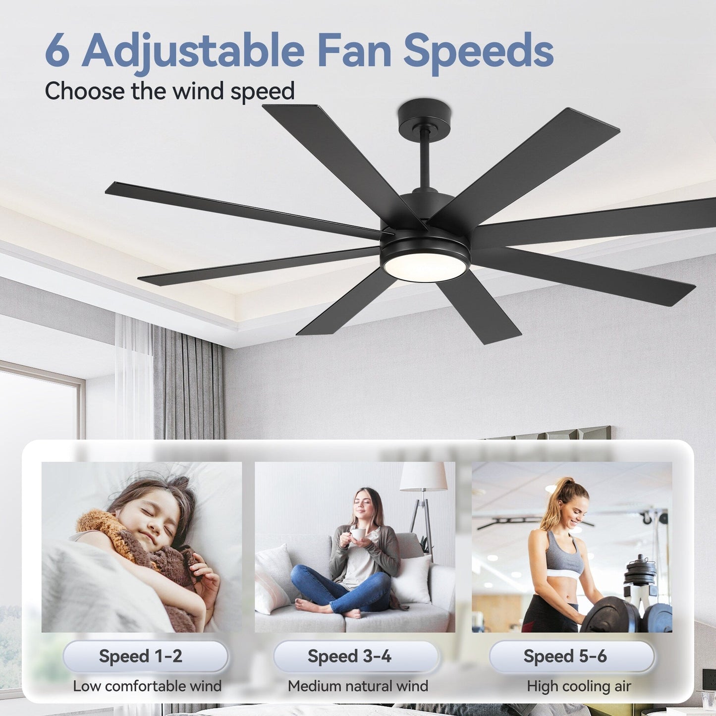Ventilateur de plafond LED noir à 8 pales de 65 pouces avec éclairage et télécommande