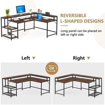 Bureau en L avec étagère pour écran, bureau d'angle réversible pour bureau à domicile 69