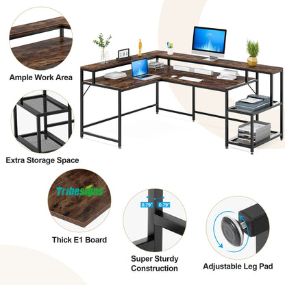 Bureau en L avec étagère pour écran, bureau d'angle réversible pour bureau à domicile 69