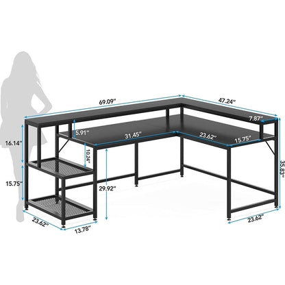 Bureau en L avec étagère pour écran, bureau d'angle réversible pour bureau à domicile 69