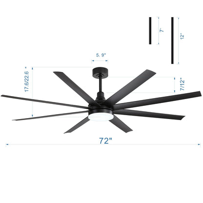 Grand ventilateur de plafond de 72 pouces avec télécommande et éclairage LED - 8 pales
