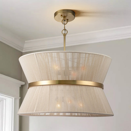 Lustre tambour bohème moderne à 8 lumières, grand format, 61 cm, en tissu tissé à la main, couleur or/noir, pour salle à manger/salon