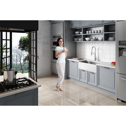 Évier de cuisine simple ANZZI Apollo blanc mat en surface solide de style ferme, 36 po, avec intérieur en acier inoxydable
