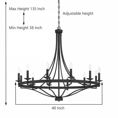 Lustre Empire à 12 lumières de style ferme moderne Fidenza avec roue de chariot et UL - D40'' * H135''