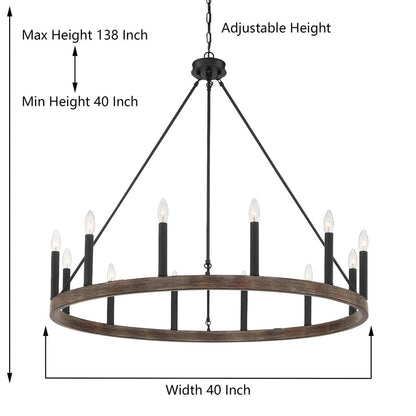 Lustre Acroma Farmhouse à 12 lumières, 40 po, en forme de roue de chariot, certifié UL - 40 po P x 138 po H