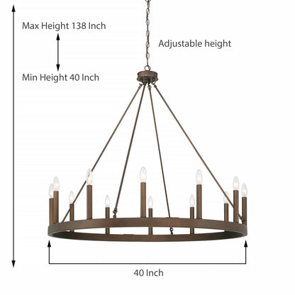 Lustre Acroma Farmhouse à 12 lumières, 40 po, en forme de roue de chariot, certifié UL - 40 po P x 138 po H
