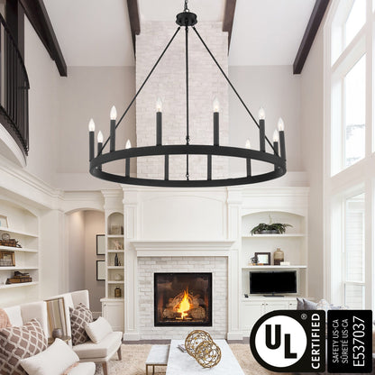 Lustre Acroma Farmhouse à 12 lumières, 40 po, en forme de roue de chariot, certifié UL - 40 po P x 138 po H