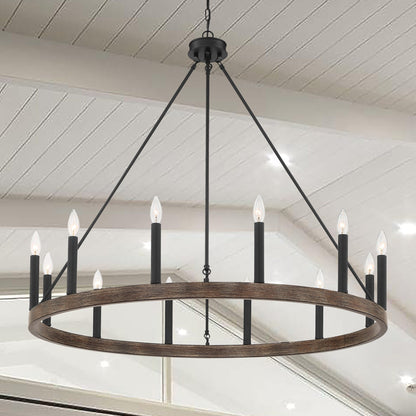 Lustre Acroma Farmhouse à 12 lumières, 40 po, en forme de roue de chariot, certifié UL - 40 po P x 138 po H