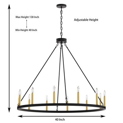Lustre Acroma Farmhouse à 12 lumières, 40 po, en forme de roue de chariot, certifié UL - 40 po P x 138 po H