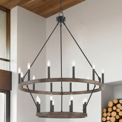 Lustre rond en forme de roue de chariot de style ferme moderne Acroma à 20 lumières de 40 po avec UL