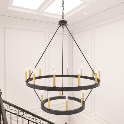 Lustre rond en forme de roue de chariot de style ferme moderne Acroma à 20 lumières de 40 po avec UL