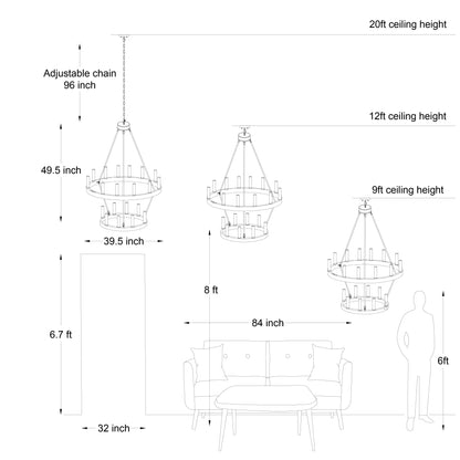 Lustre rond en forme de roue de chariot de style ferme moderne Acroma à 20 lumières de 40 po avec UL