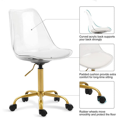 Chaise de bureau pivotante en acrylique à hauteur réglable sans accoudoirs