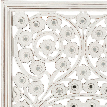 Panneau mural Allen blanc lavé sculpté à la main 48 x 28 pouces avec incrustation de miroir