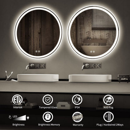 Miroir de courtoisie rond sans cadre, antibuée, éclairé par LED et à intensité variable