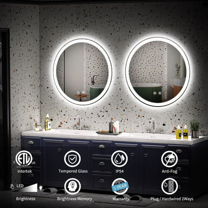 Miroir de courtoisie rond sans cadre, antibuée, éclairé par LED et à intensité variable