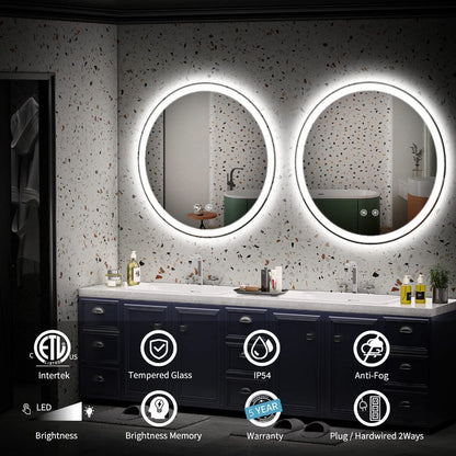Miroir de courtoisie rond sans cadre, antibuée, éclairé par LED et à intensité variable