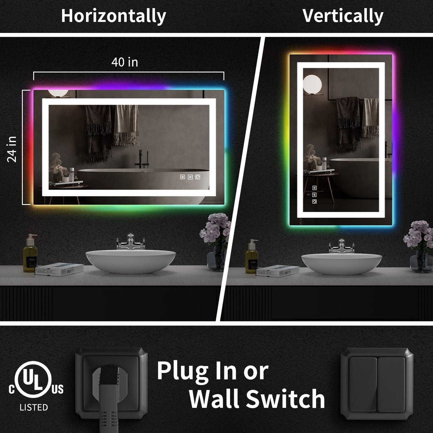 Miroir de salle de bain antibuée rétroéclairé RVB et à éclairage frontal LED